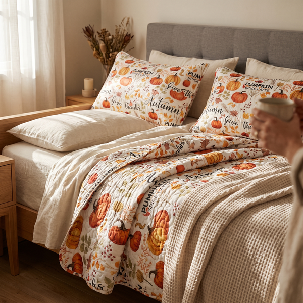 Pumpkin Autumn Leaves Print Quilt Set -1 Quilt