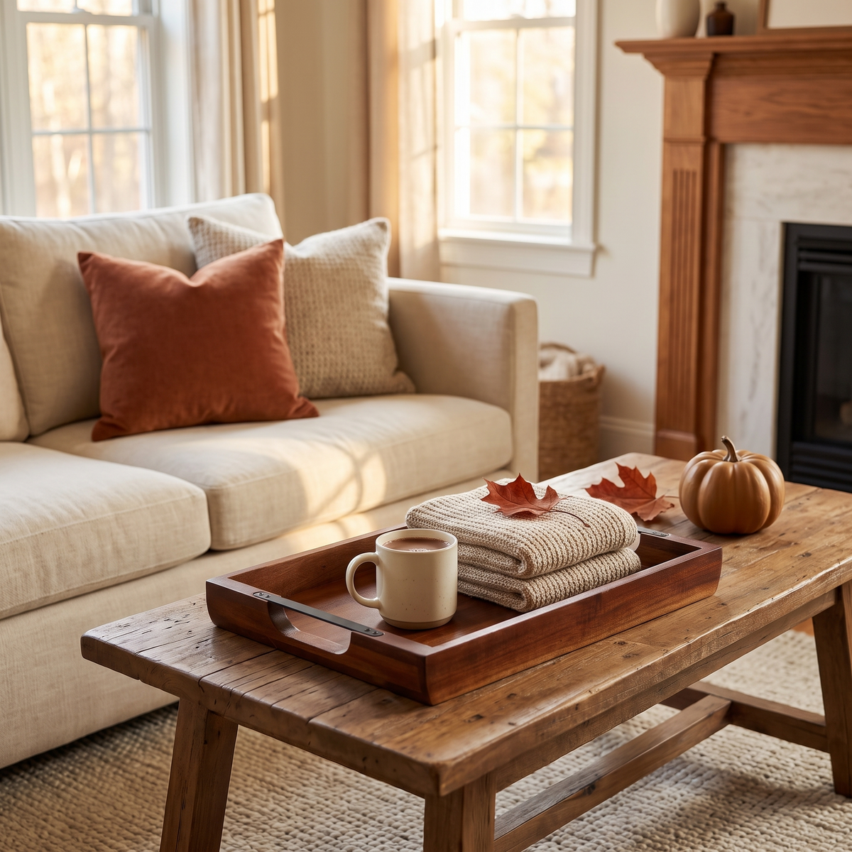 Serving Tray 17x12.2 Inch Acacia Food Serving Table Laptop in the room