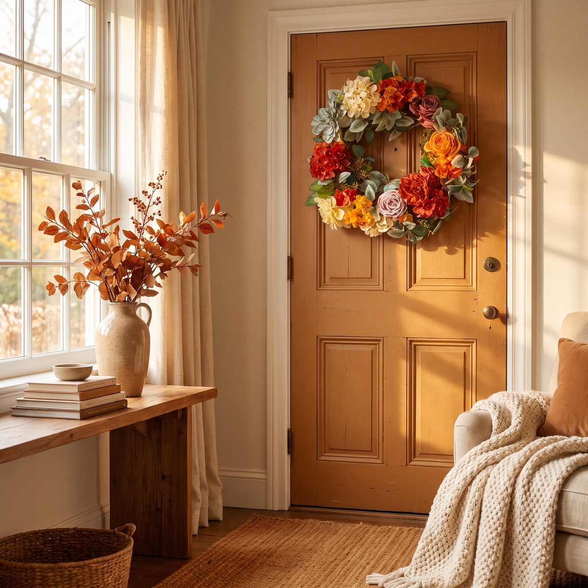 Decorative Wreath 24 In Red Orange Yellow Hydrangeas Roses in the room