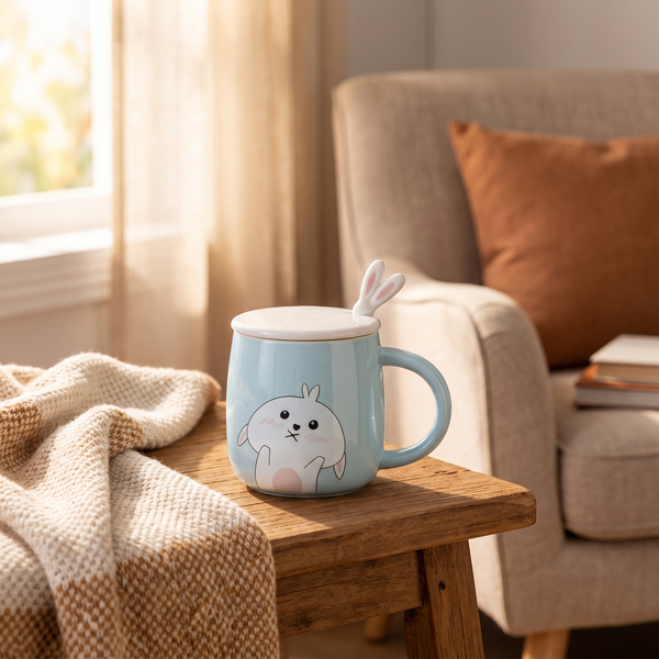 Rabbit Bow Ceramic Mug-Light Blue full view