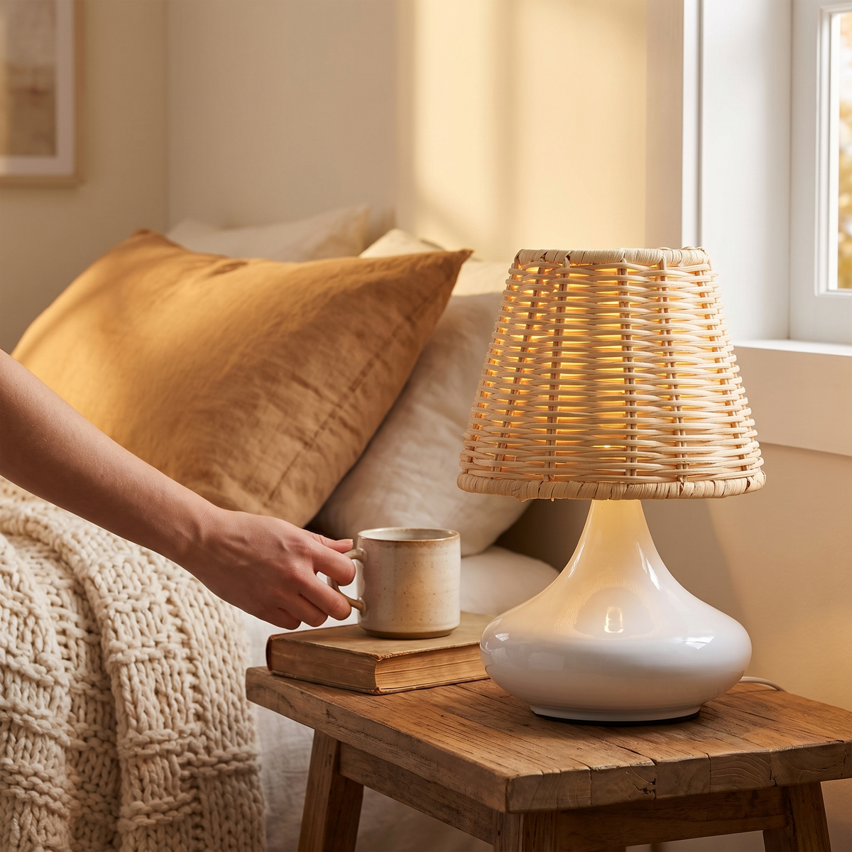 White Woven Bamboo Table Lamp Dimmable Desk Lamp Night in use
