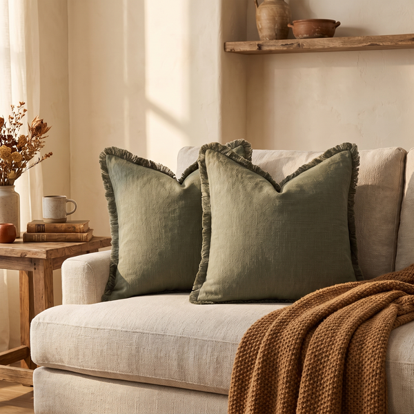 Decorative Linen Fringe Throw Pillow Cover 18x18 Inch full view