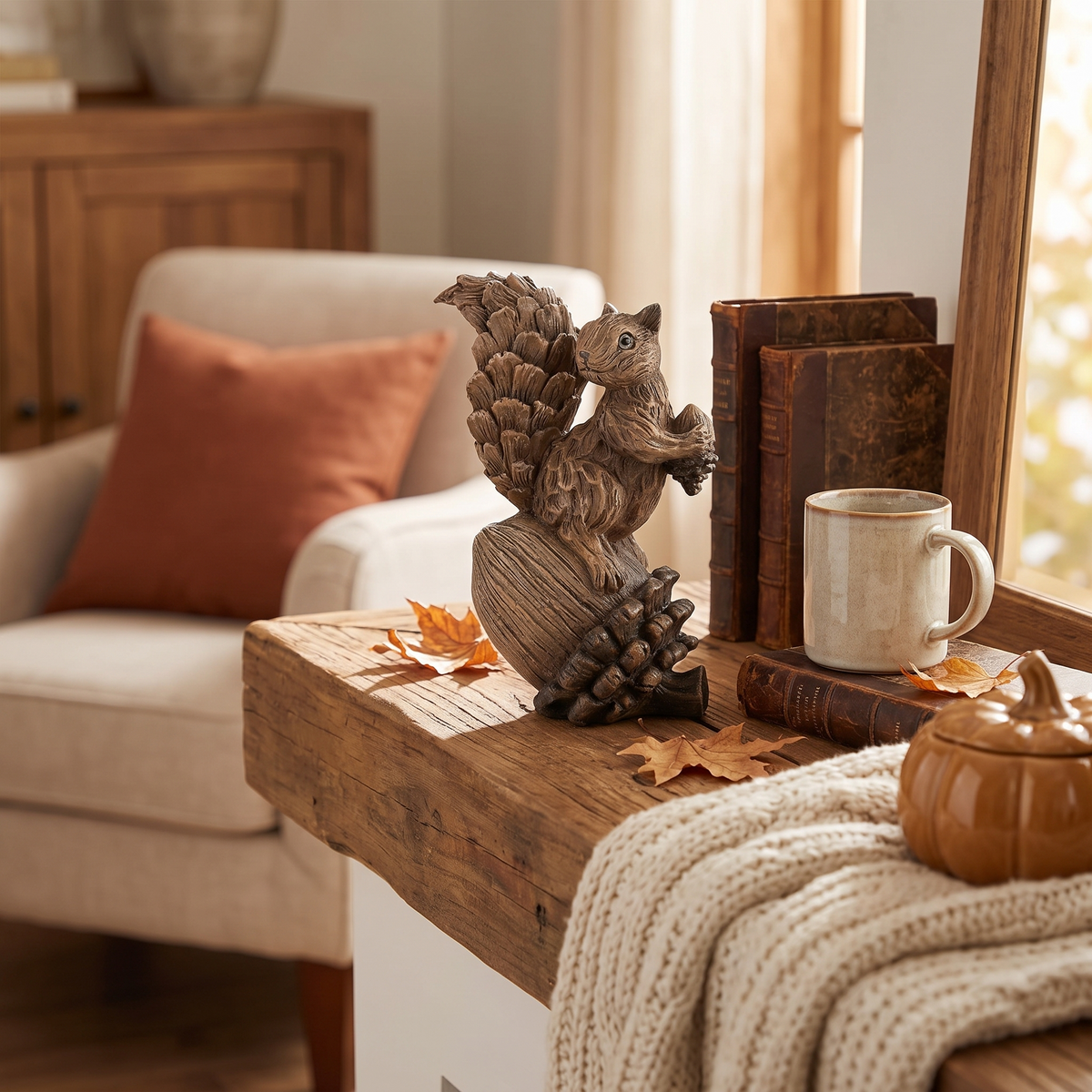Handcrafted Resin Squirrel Figurine On Pinecone in the room