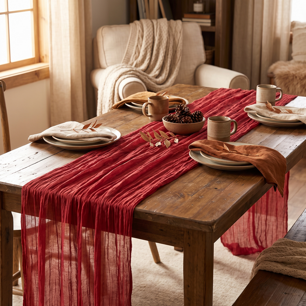 Table Runner Fall Red Boho Wedding Birthday Party Home in the room