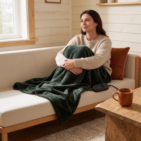 Woman wrapped in the USB Heated Blanket Wrap on a sofa