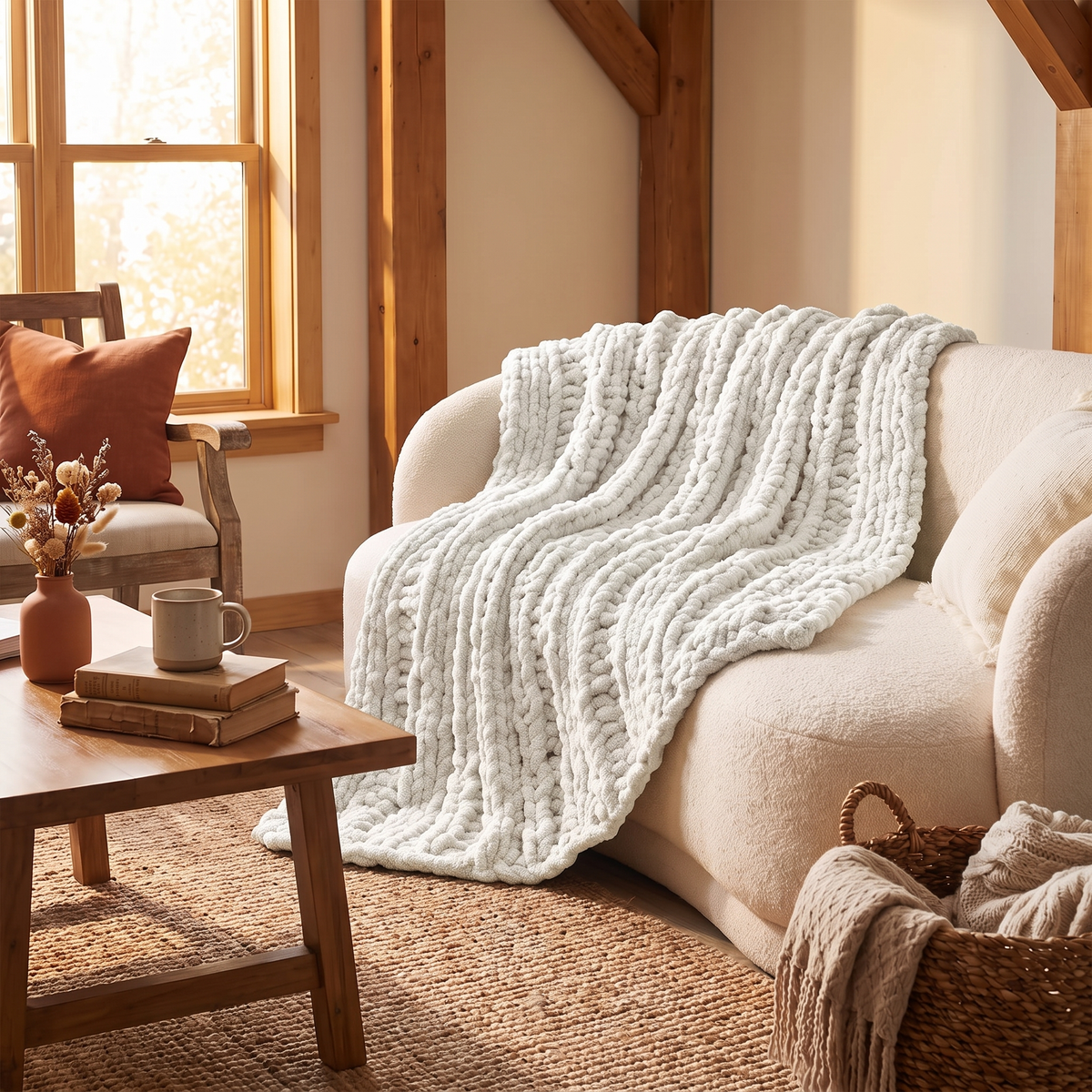 Chunky Knit Chenille Throw Blanket in White in a living room