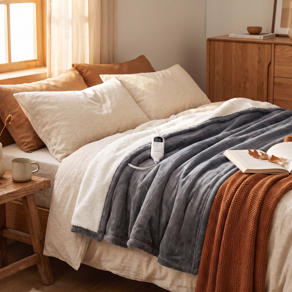 Flannel Sherpa Heated Blanket in Grey on a bed