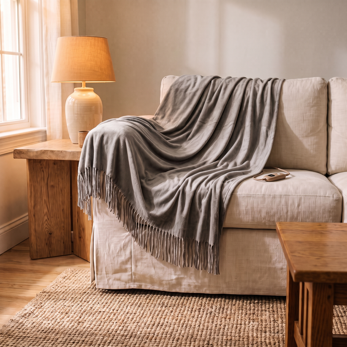 USB Heated Shawl With Tassels in Grey
