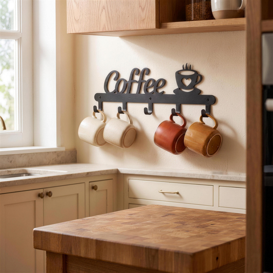 wall mounted metal mug rack with hooks in the Hollow Pine house
