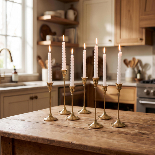 vintage gold candlestick holders in the Hollow Pine house