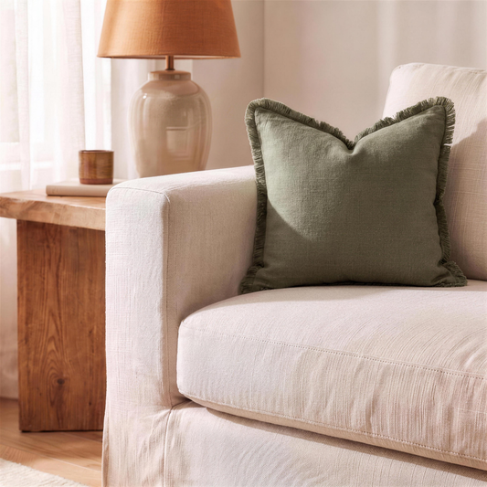 linen fringe pillow cover olive green in the Hollow Pine house