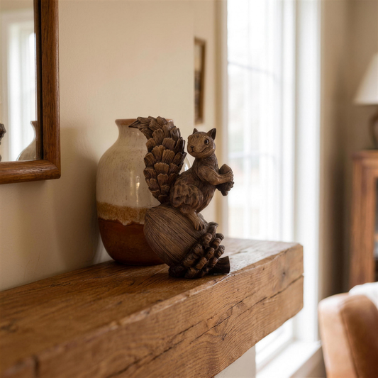 resin squirrel figurine on pinecone in the Hollow Pine house