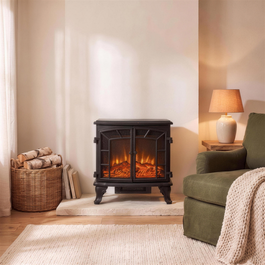 27 inch electric fireplace heater on the hearth in the Hollow Pine house