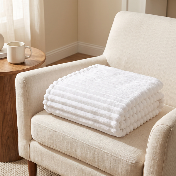 White ribbed flannel fleece throw blanket folded on a cream armchair