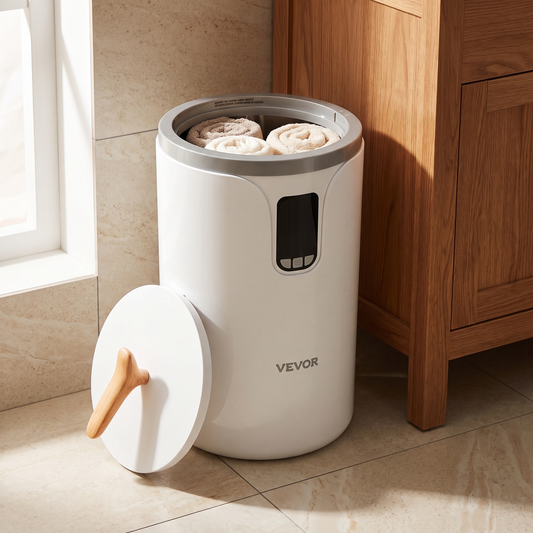 Towel warmer bucket open with rolled towels inside and the lid leaning against it