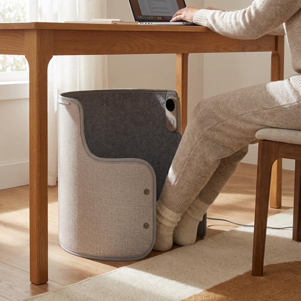 Feet in wool socks inside the under-desk heater wrap while working at a desk