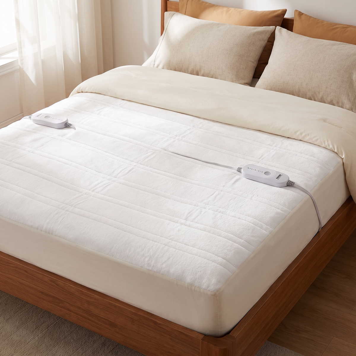 Queen heated mattress pad with two controllers for separate left and right zones