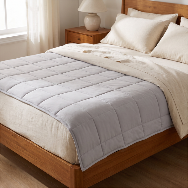 Light grey glass bead weighted blanket with rectangular quilted pockets on a queen bed