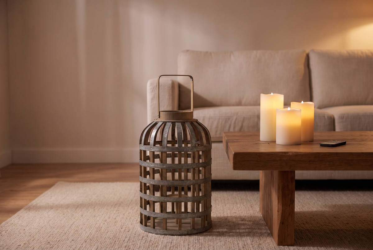 Three flameless LED pillar candles glowing on an oak coffee table beside a wood and metal lantern