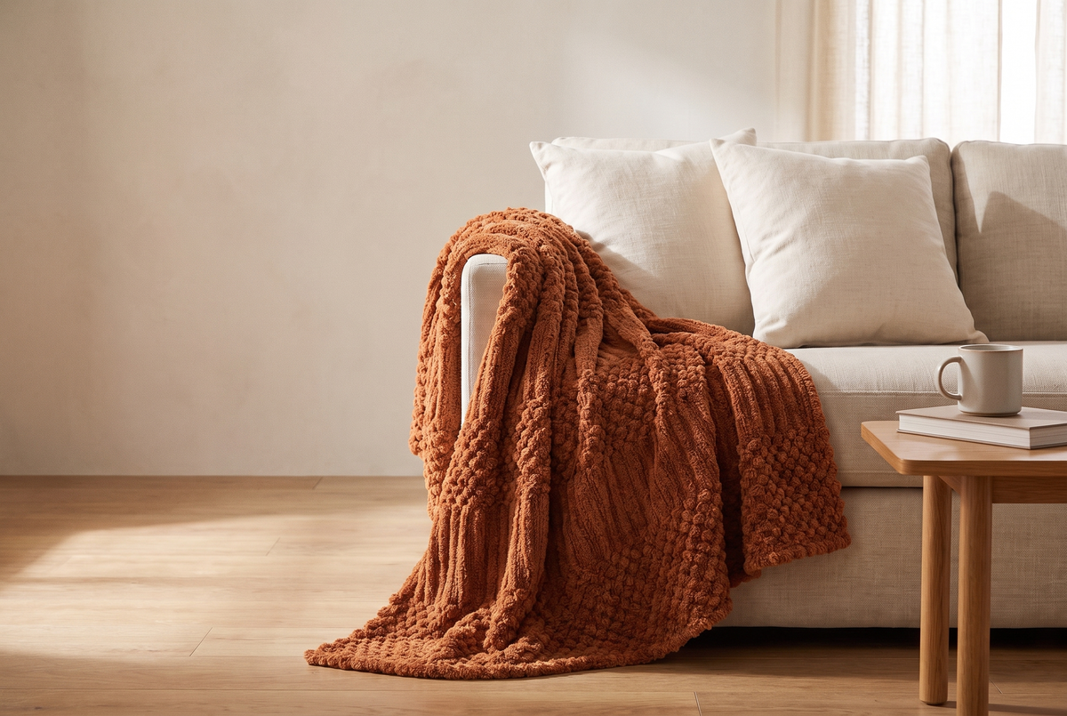 Rust plush fleece throw draped over the arm of an oatmeal linen sofa in soft window light