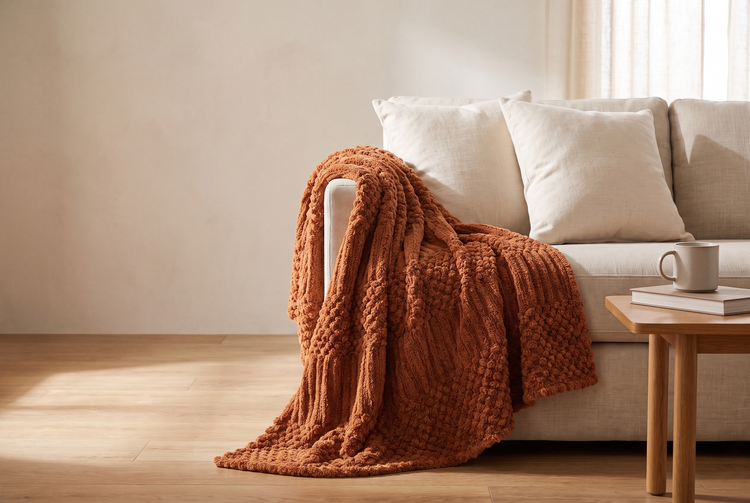 Rust plush fleece throw draped over the arm of an oatmeal linen sofa in soft window light