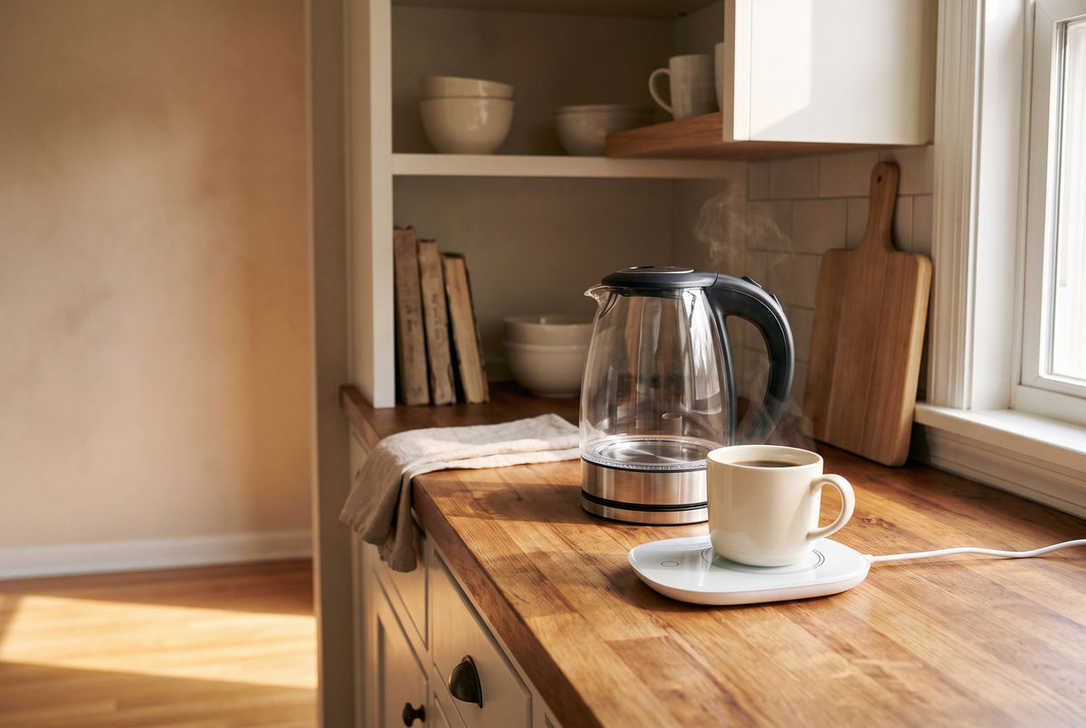 Glass electric kettle and a white mug warmer holding a mug of coffee on an oak kitchen counter
