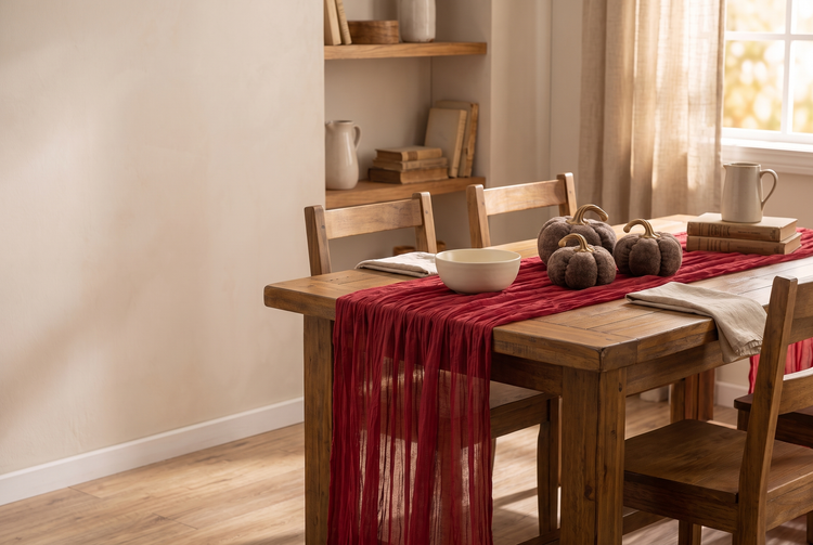 Three brown fabric pumpkins on a red cheesecloth runner on an oak dining table