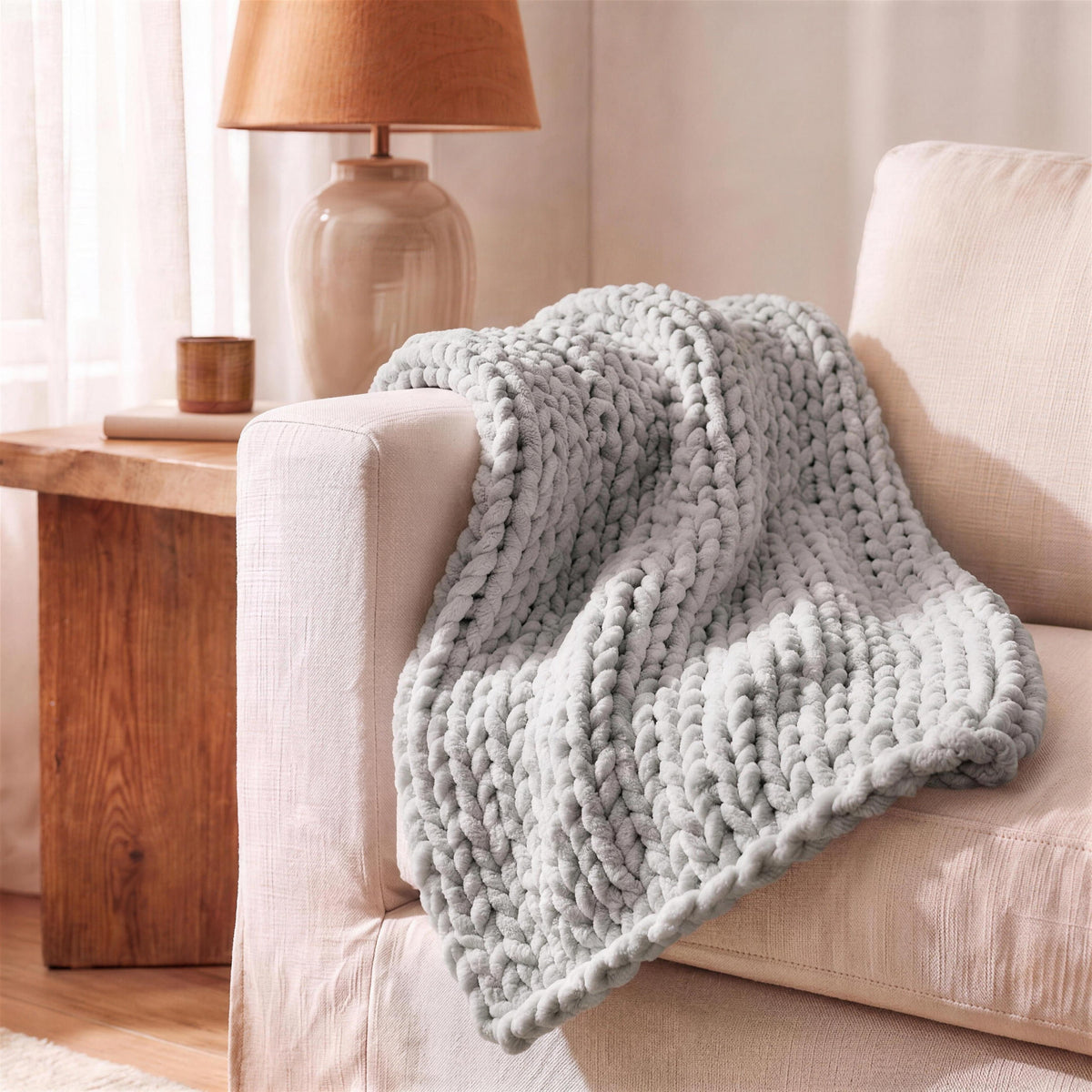 Chunky Knit Chenille Throw Blanket in Grey in the Hollow Pine house