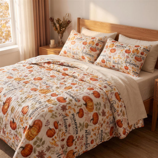 pumpkin and autumn leaves quilt in the Hollow Pine house