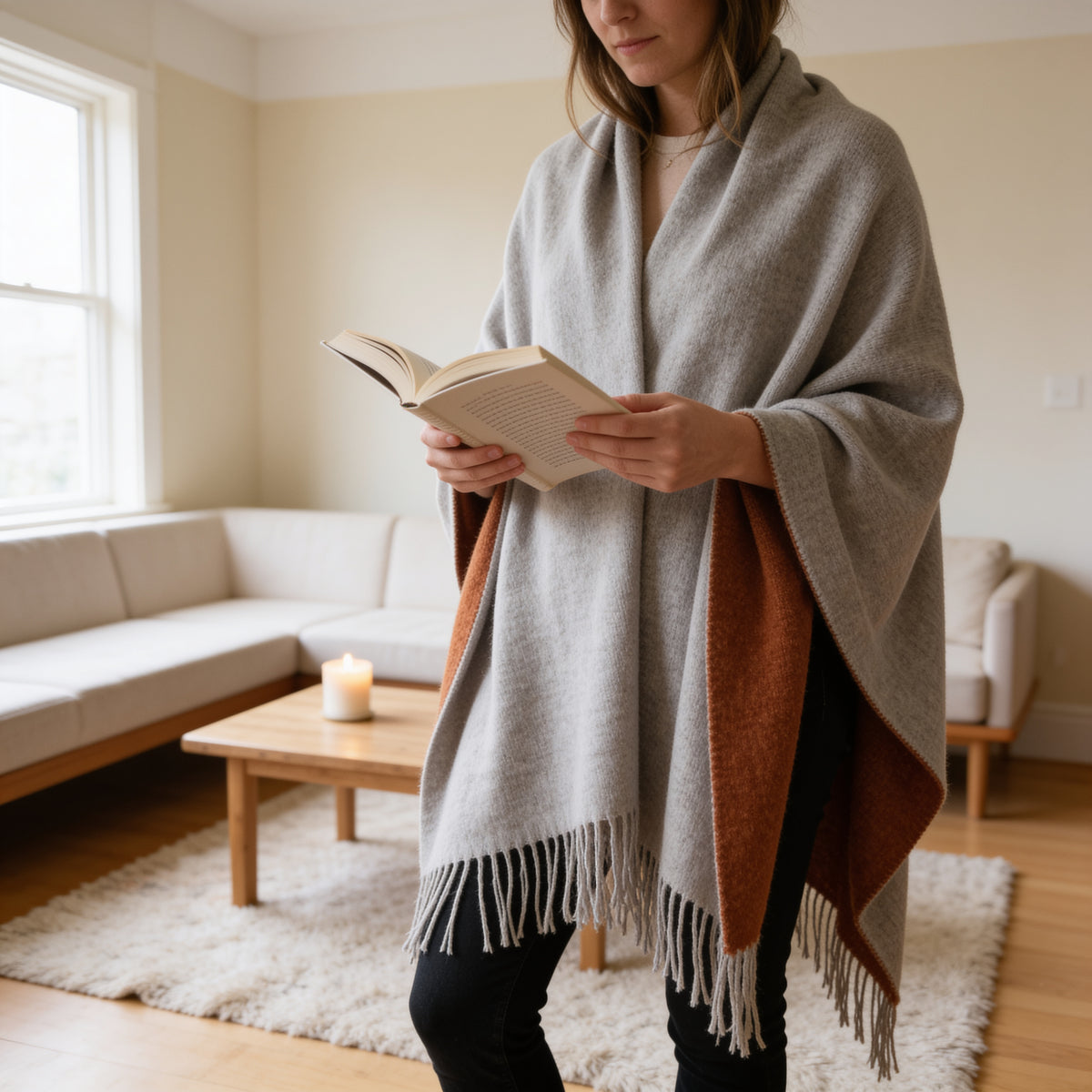 Woman wearing the Oversize Wool Blend Shawl Wrap in a living room