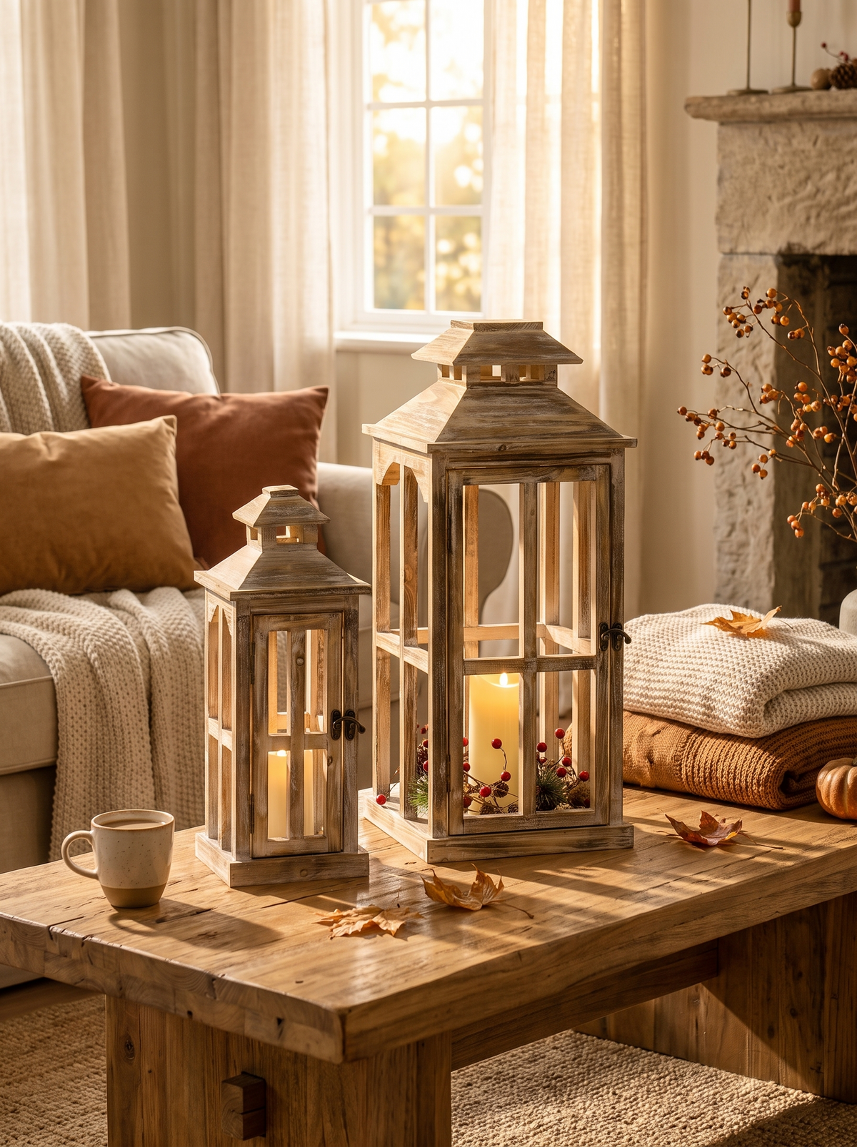 28"/20" Large Rustic Wooden Lantern Decorative: Rustic Wood, Open Frame