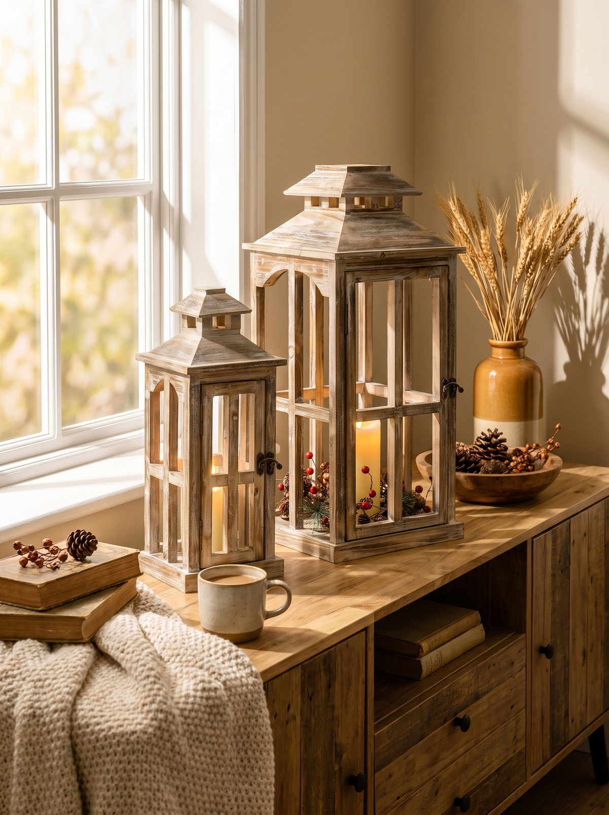 28"/20" Large Rustic Wooden Lantern Decorative: Shelves, Porches, And Table Settings