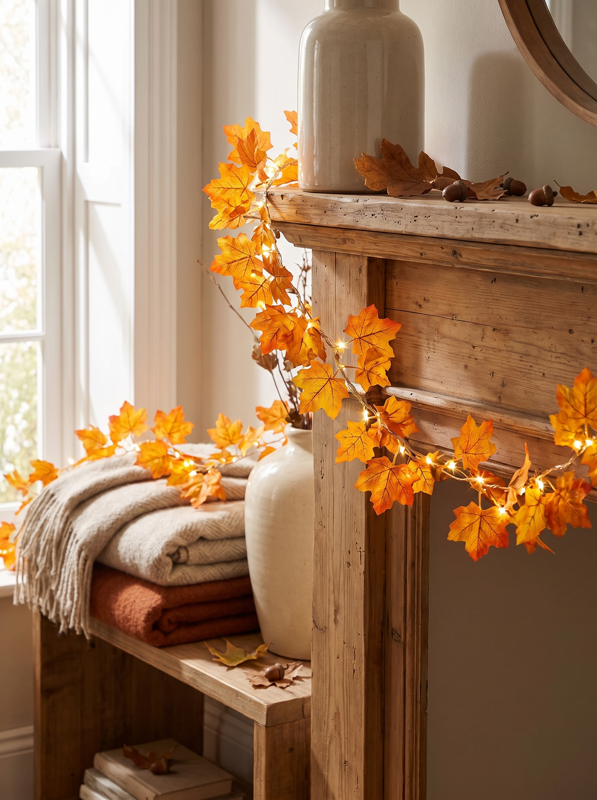 2-Pack Lighted Fall Garland 16.4ft Total: Real Looking Leaves, Bendable Wire
