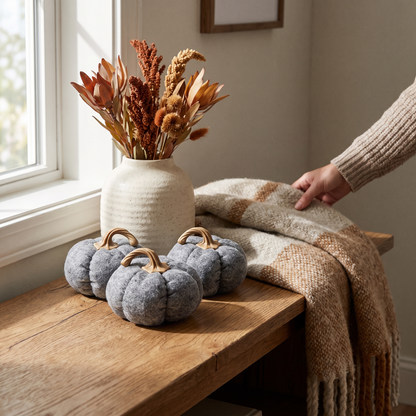 Set Of 3, 8.3x8.3x5.5 Gray Pumpkin, Pumpkin Ornament Decor