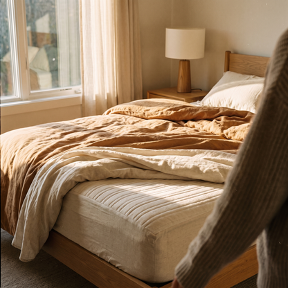 King heated mattress pad on a bed in a sunlit bedroom