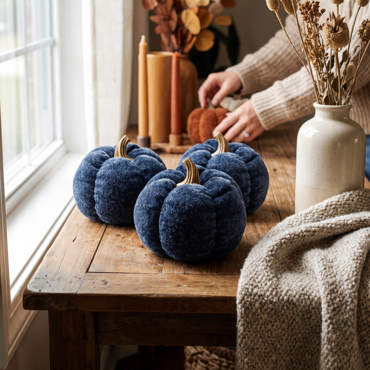 A Set Of 3 Deep Blue Pumpkin Decorations