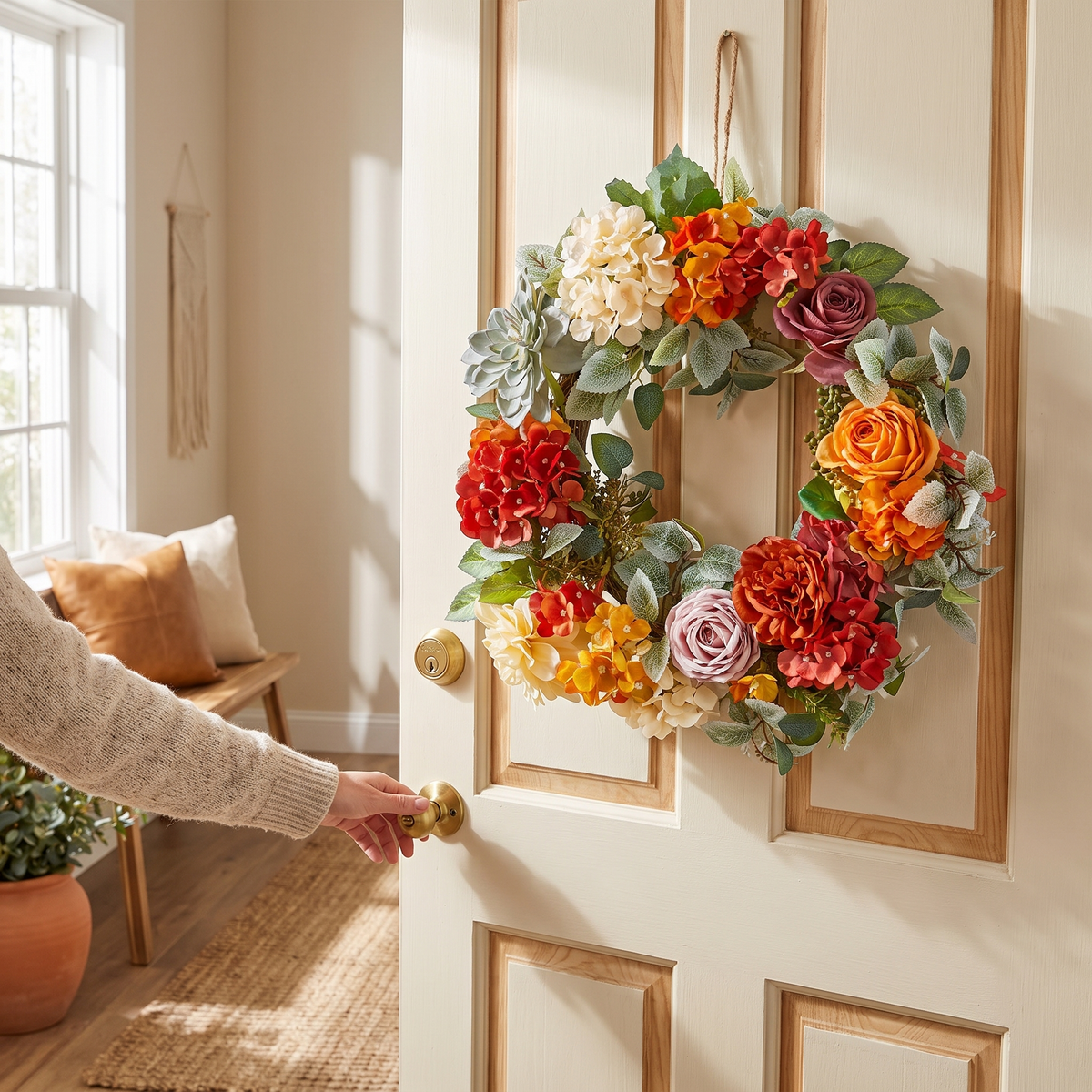 Decorative Wreath 24 In Red Orange Yellow Hydrangeas Roses