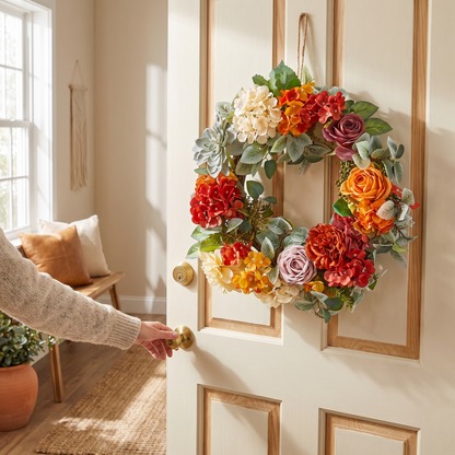 Decorative Wreath 24 In Red Orange Yellow Hydrangeas Roses