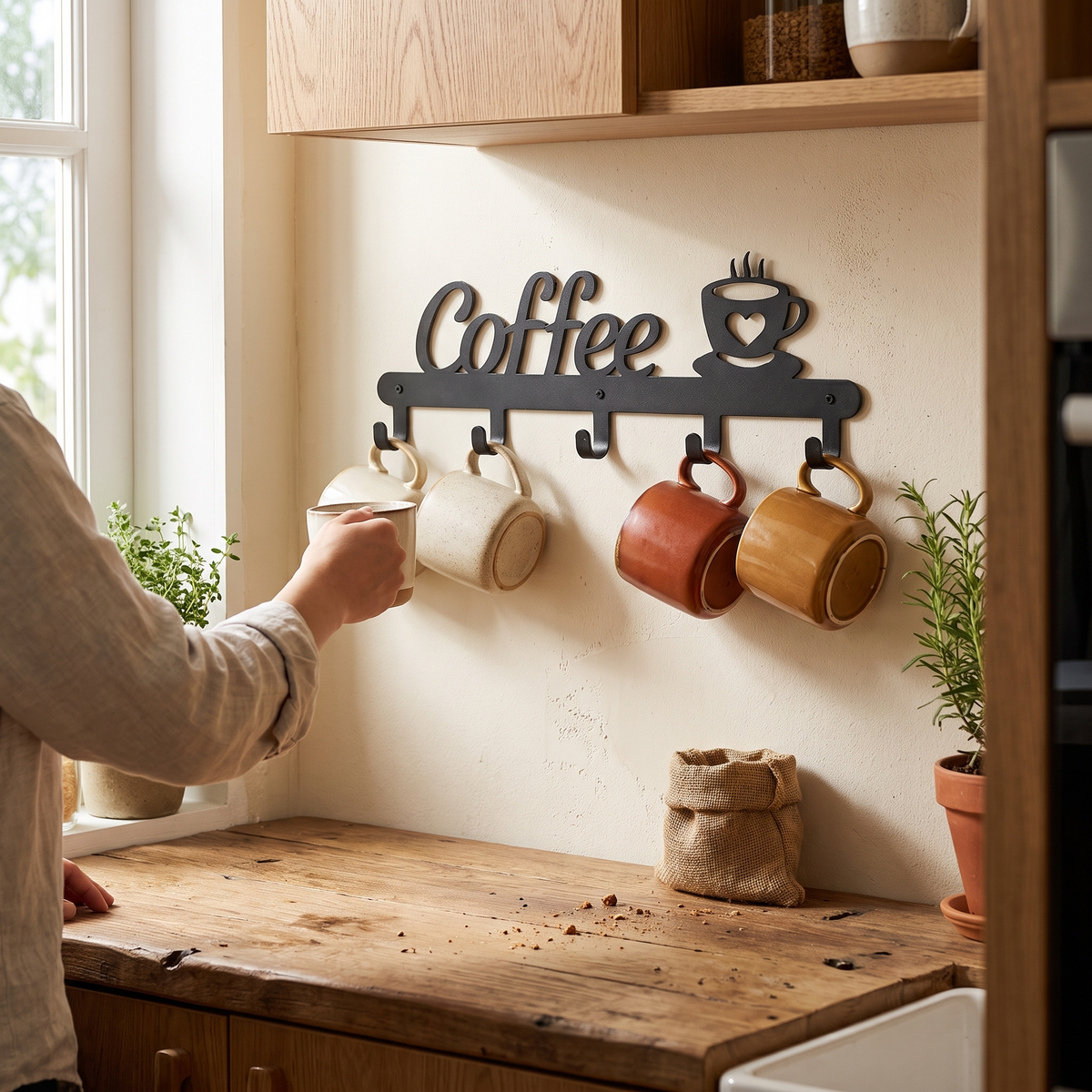 Metal Coffee Mug Holder Rack Wall-Mounted With Hooks For