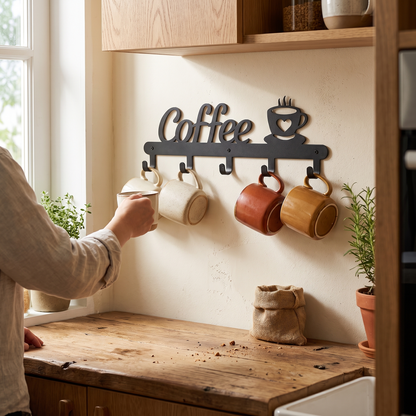 Metal Coffee Mug Holder Rack Wall-Mounted With Hooks For