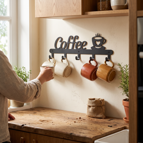 Metal Coffee Mug Holder Rack Wall-Mounted With Hooks For