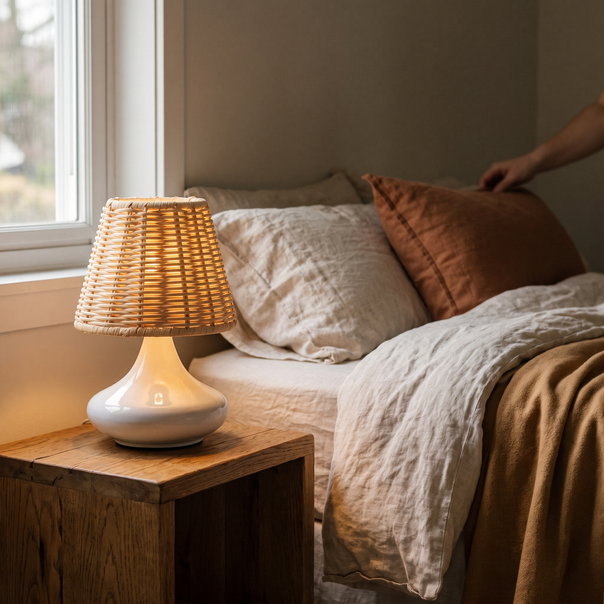 White Woven Bamboo Table Lamp Dimmable Desk Lamp Night