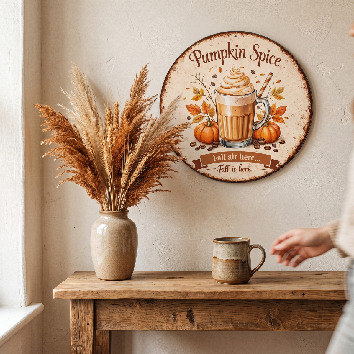 Vintage Pumpkin Spice Latte Round Sign Retro Autumn Wall