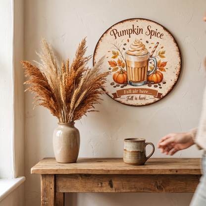 Vintage Pumpkin Spice Latte Round Sign Retro Autumn Wall