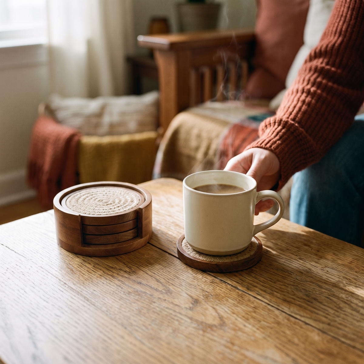 4 Inch Wood Drink Coasters Absorbent Woven Coaster Set