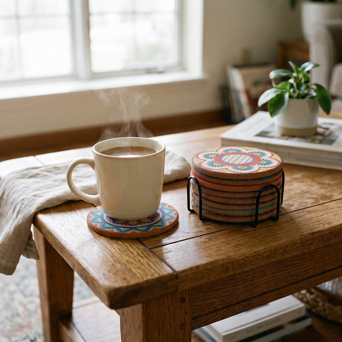 Colorful Cork Drink Coasters With Holder
