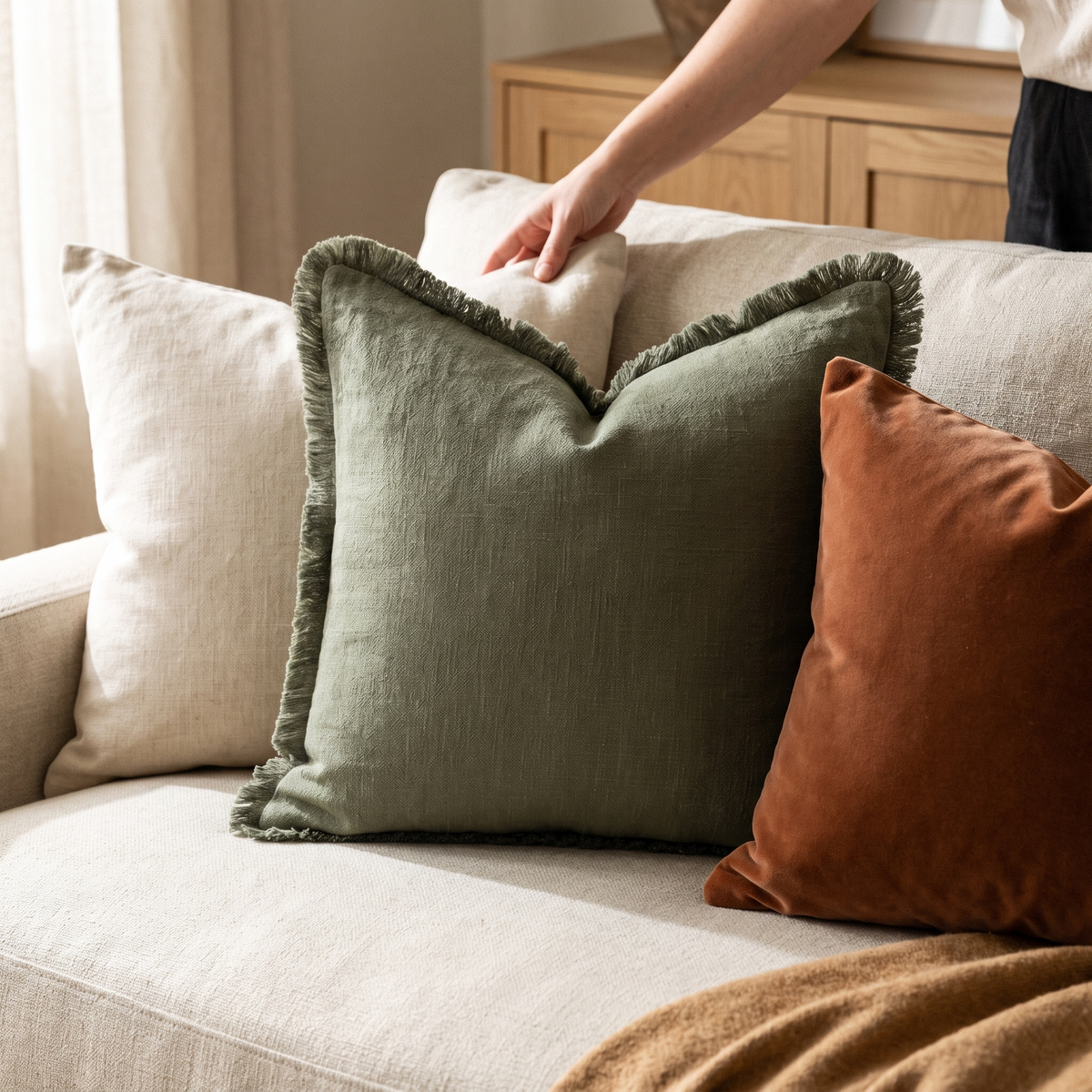 Decorative Linen Fringe Throw Pillow Cover 18x18 Inch Olive Green