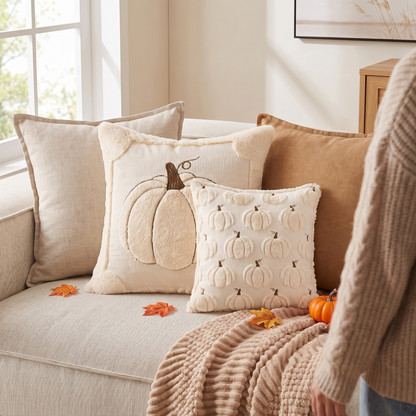 Fall Throw Pillow Covers Set Of 2 Reversible Beige Pumpkin