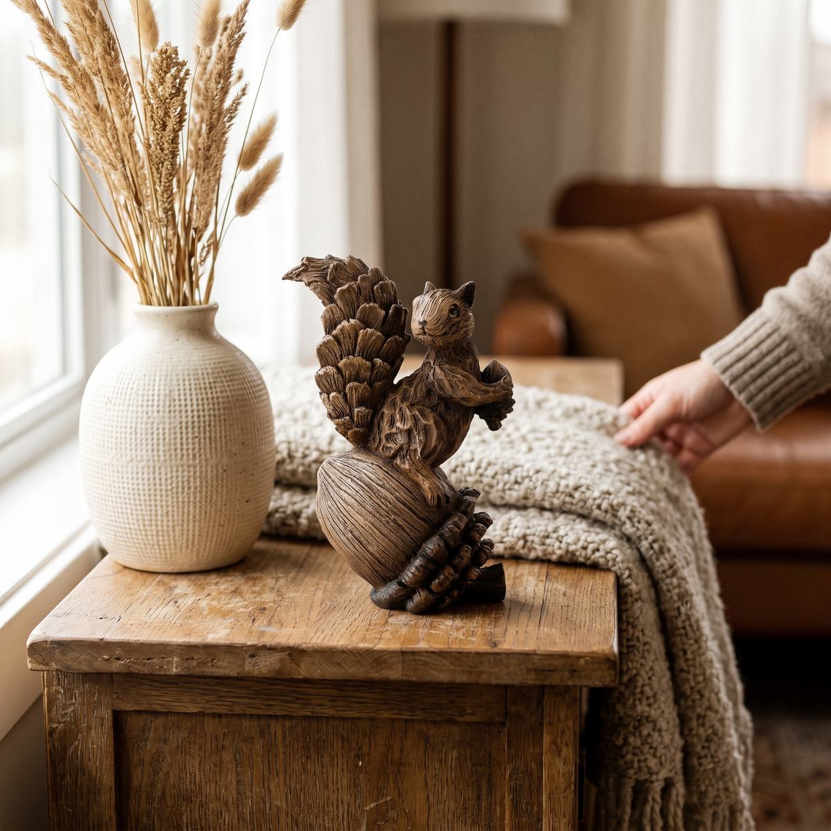 Handcrafted Resin Squirrel Figurine On Pinecone