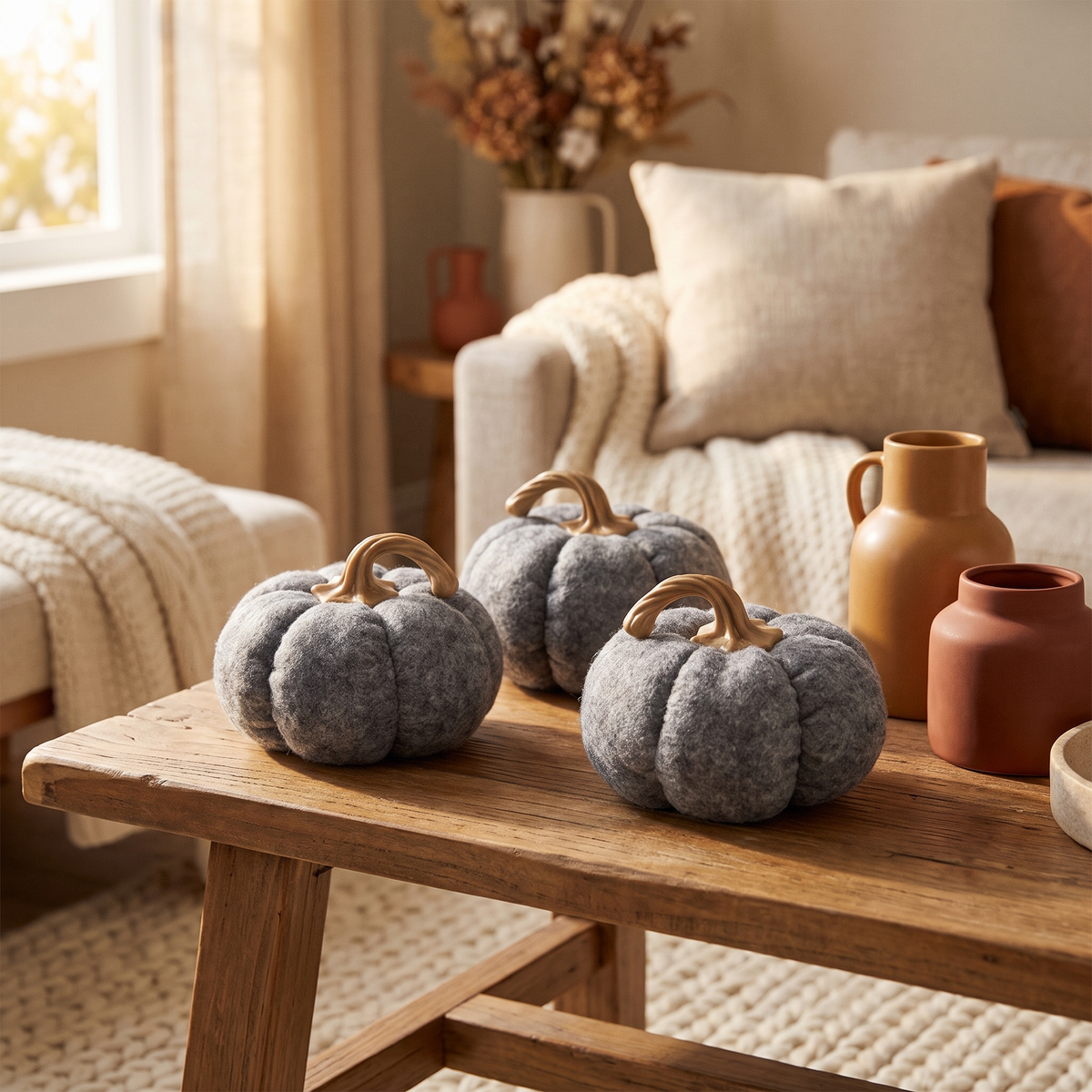 Set Of 3, 8.3x8.3x5.5 Gray Pumpkin, Pumpkin Ornament Decor full view